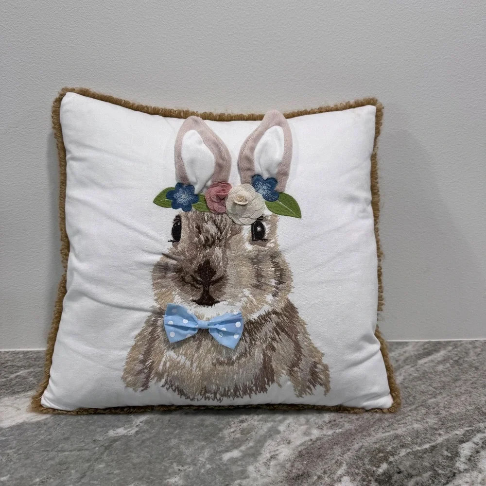 Loving Kindness Easter Bunny Embroidered Throw Pillow Floral Crown Bow Tie 12x12